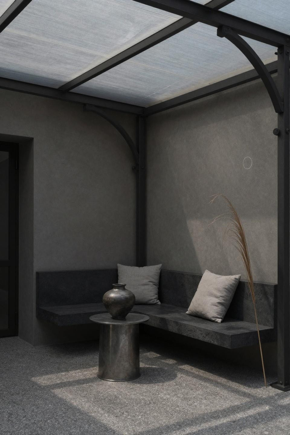 Patio roof ideas attached to house with translucent polycarbonate and Belgian linen