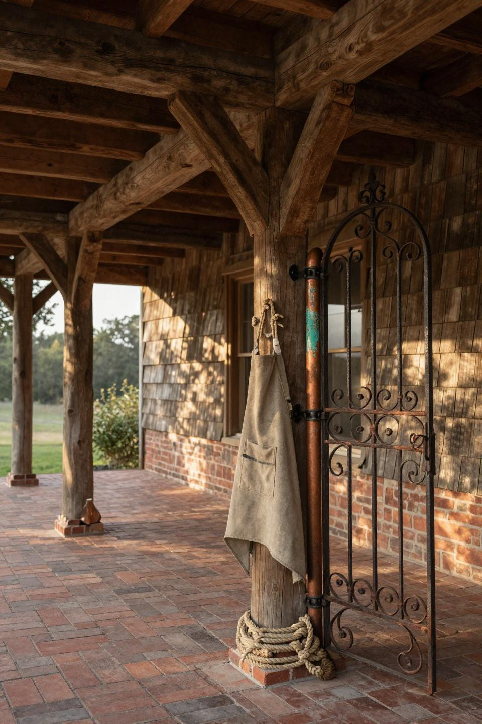 Covered deck ideas with rustic farmhouse timber structure and weathered copper accents