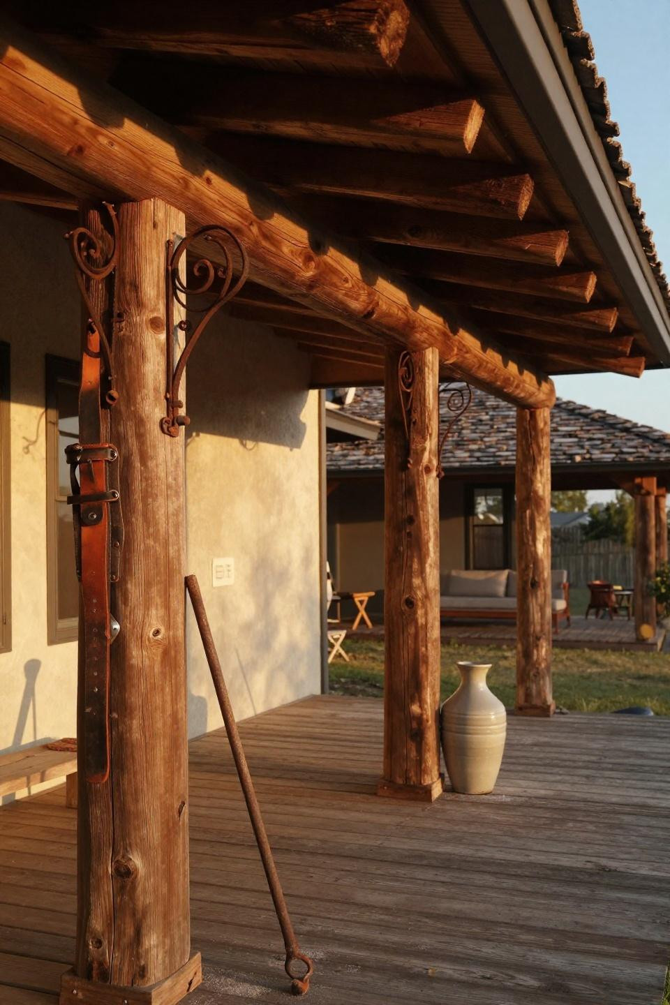 Covered patios attached to house with reclaimed barn-wood post-and-beam structure