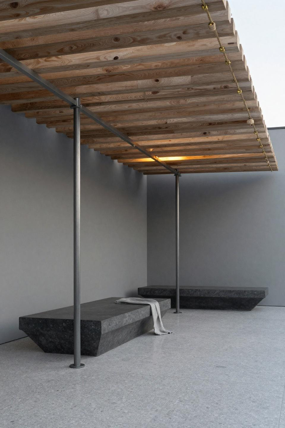 Covered patio ideas with steel cable suspension system and slatted birch canopy