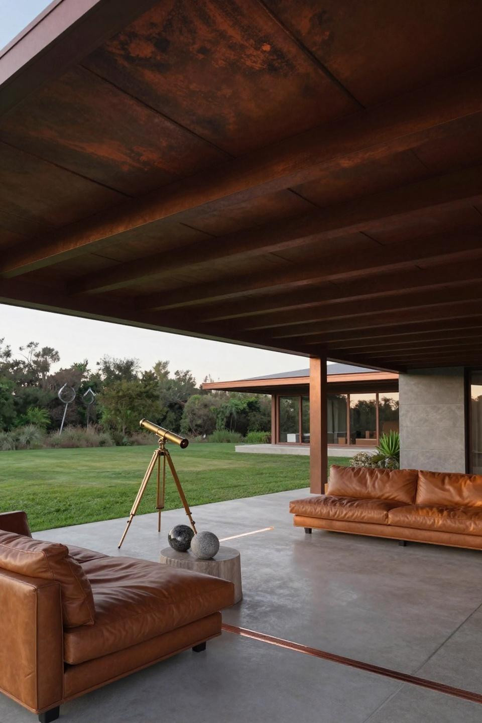 Backyard covered patios with continuous laminated beam and copper standing seam roof