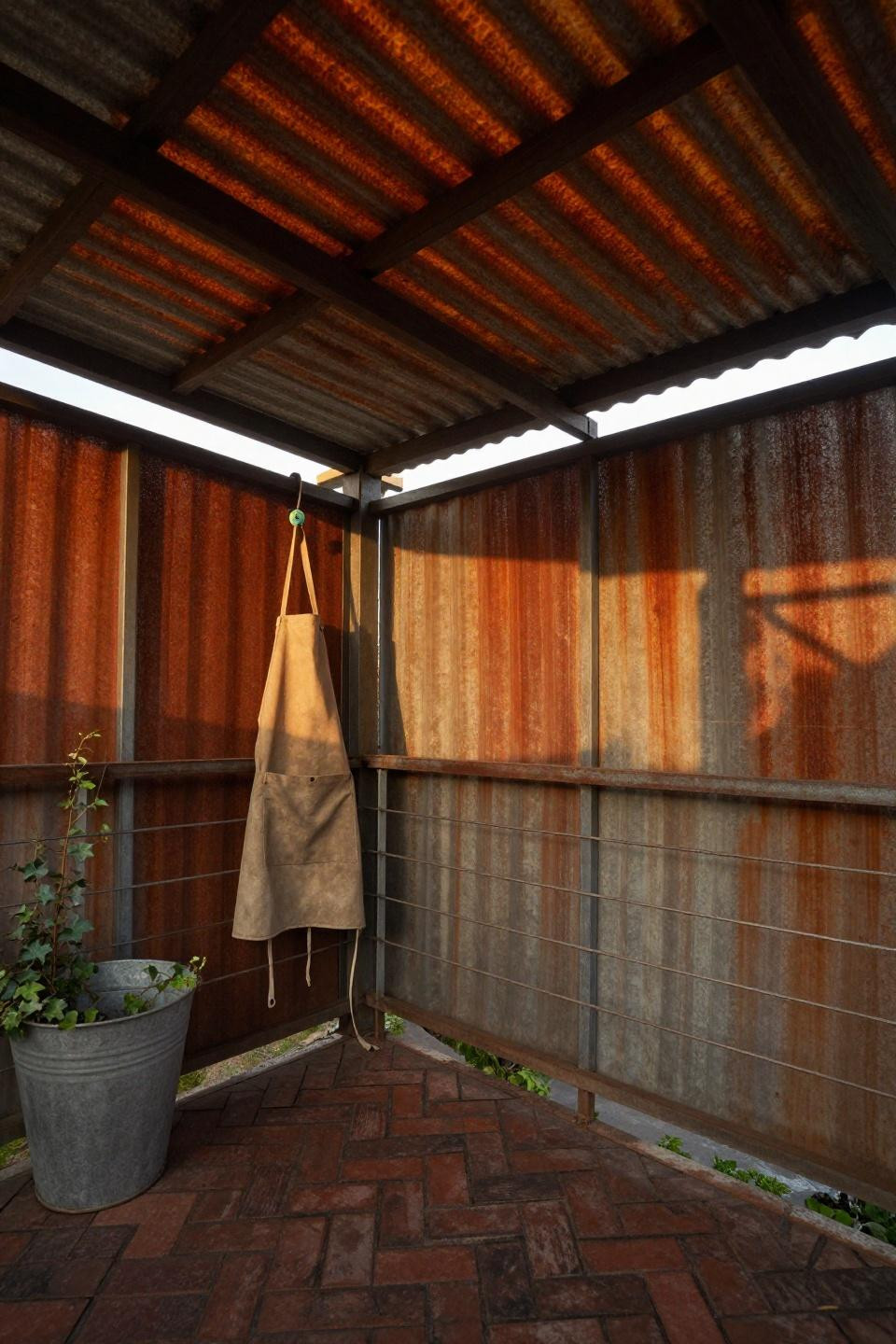 Back patio ideas with reclaimed corrugated metal roof and rust-orange patina
