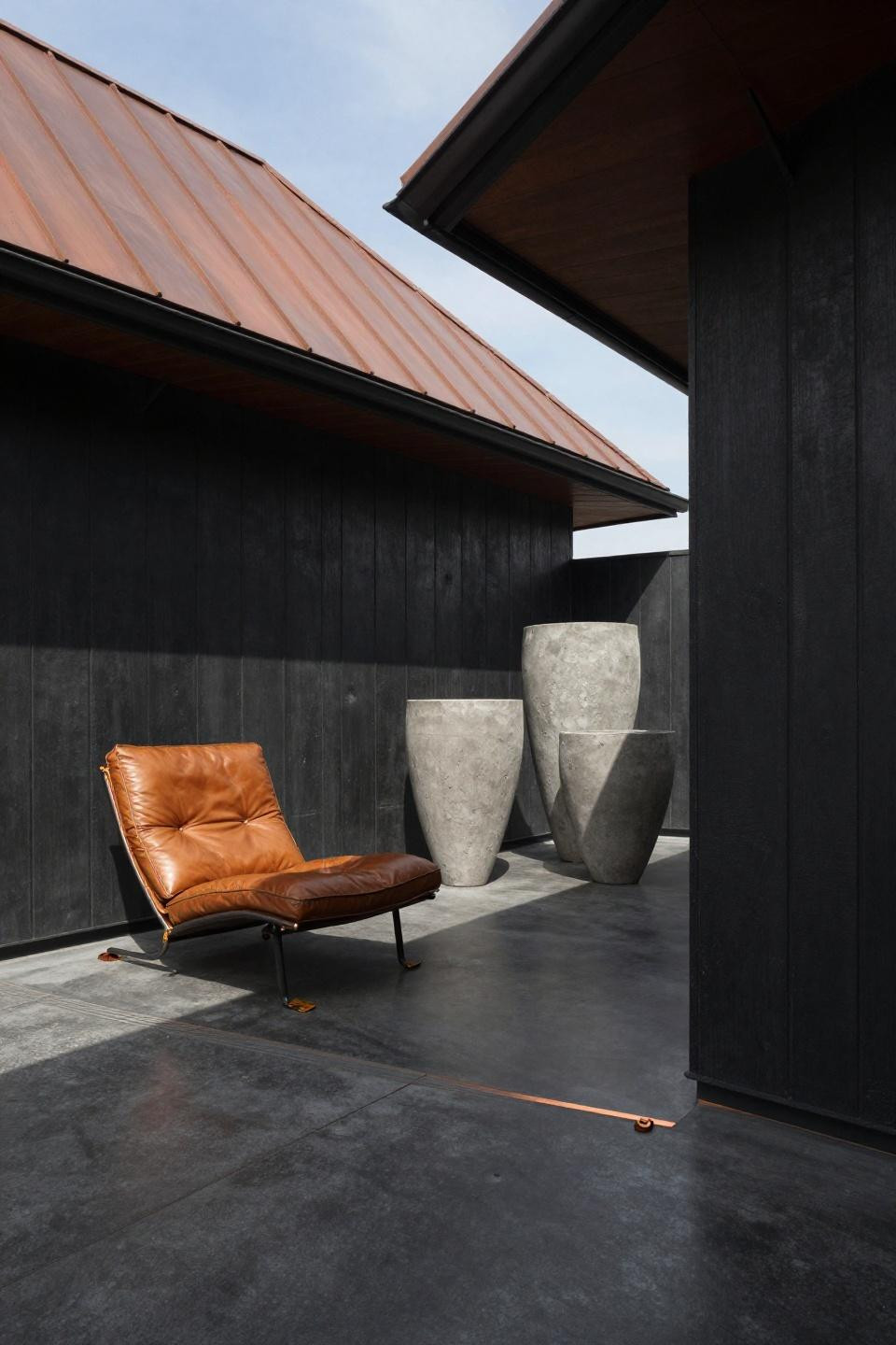 Patio roof ideas attached to house with steep-pitched copper standing seam metal roof