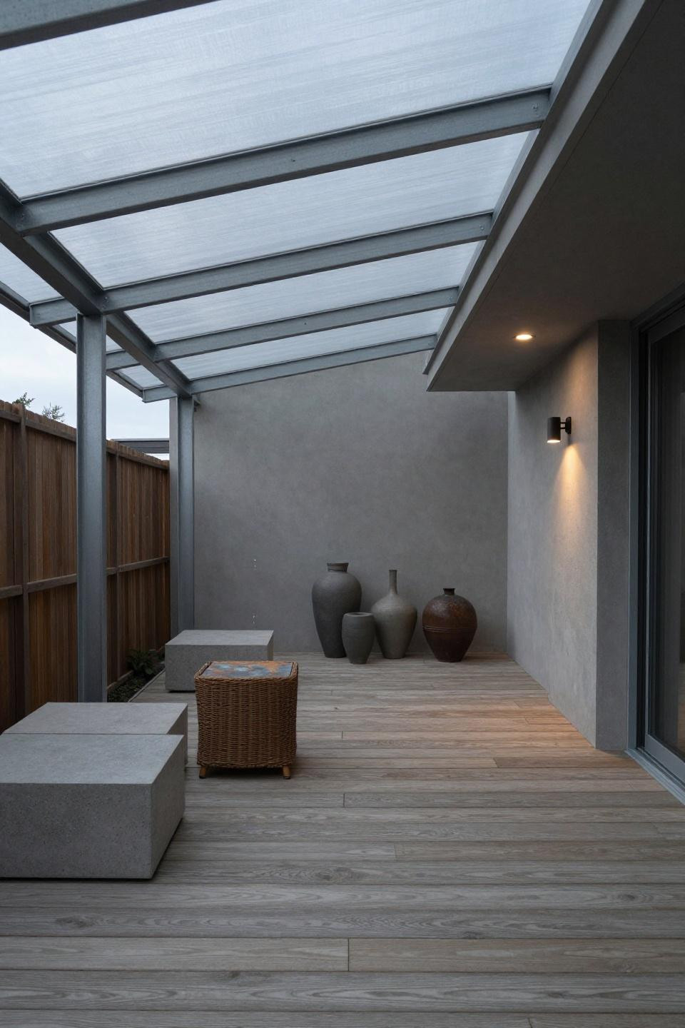Cozy backyard ideas featuring steel frame covered patio with diffused polycarbonate lighting