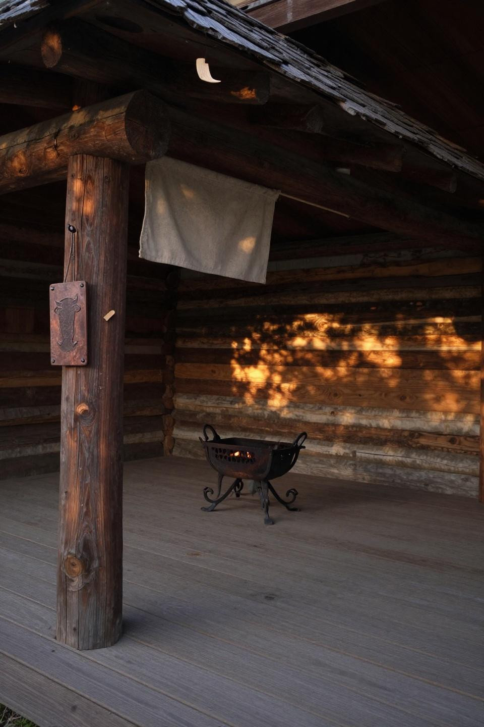 Covered patio ideas with rustic hand-peeled log structure and weathered cedar shake roof