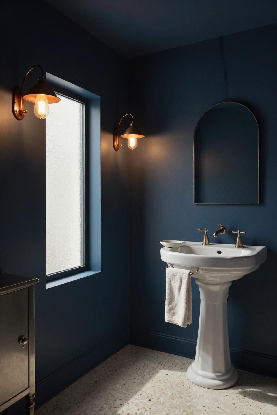 Artsy bathroom with deep midnight blue walls and antique copper sconces