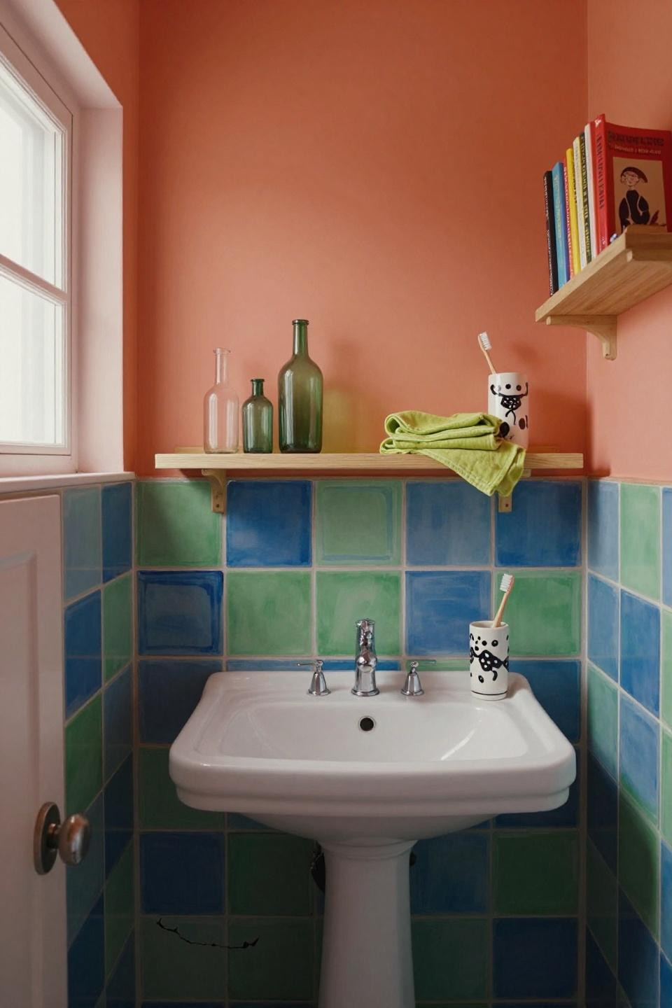 Artsy bathroom with saturated coral walls and hand-painted indigo geometric tiles