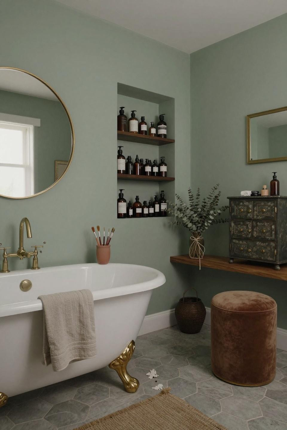 Artsy bathroom with sage limewash walls and vintage apothecary bottles
