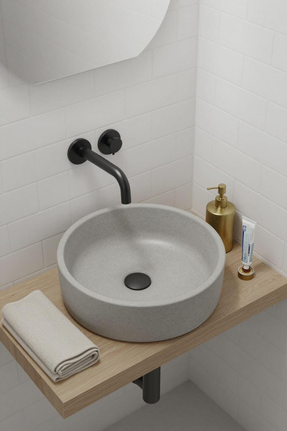 Cute bathroom inspo with sculptural concrete vessel sink and matte black fixtures