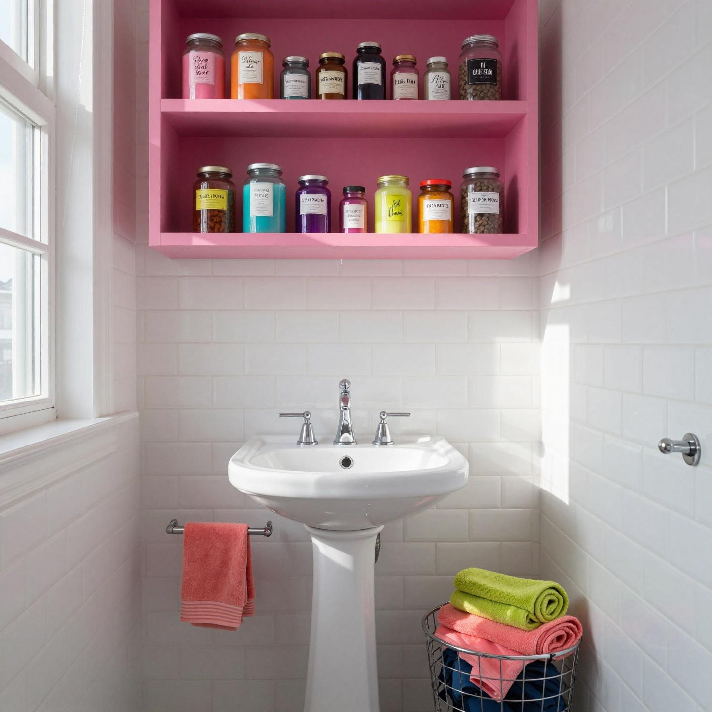 Apartment bathroom inspiration with hot pink shelving and vibrant towels