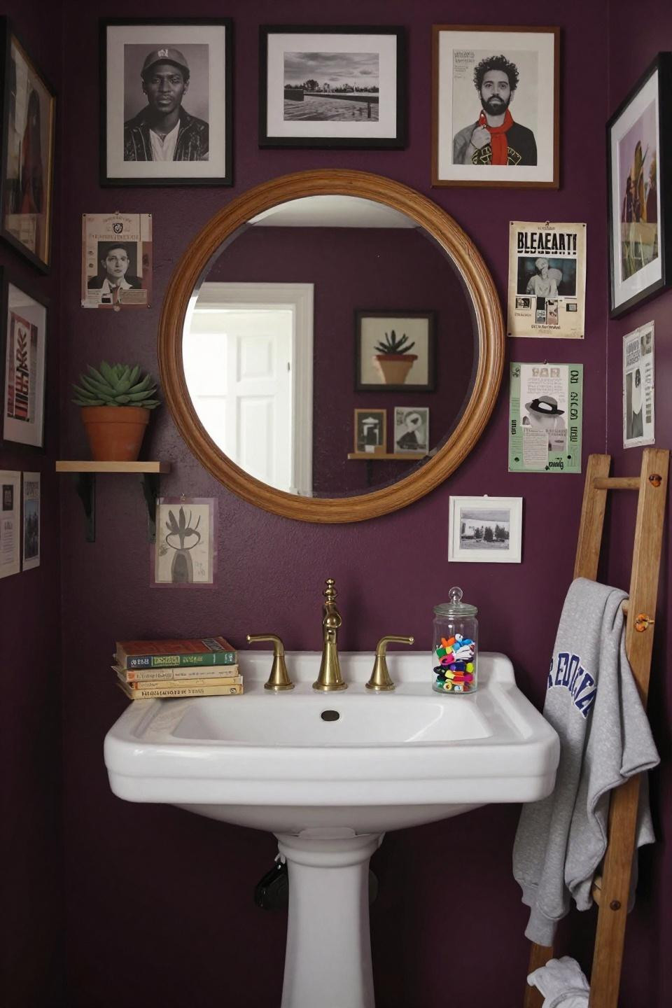College bathroom aesthetic with deep eggplant walls and eclectic gallery art