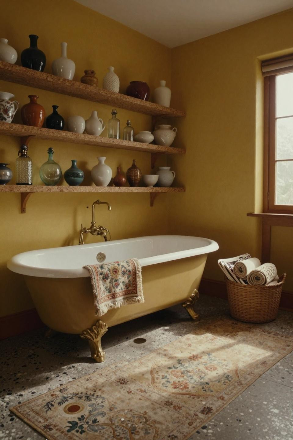 Apartment bathroom aesthetic with mustard yellow limewash walls and vintage textiles