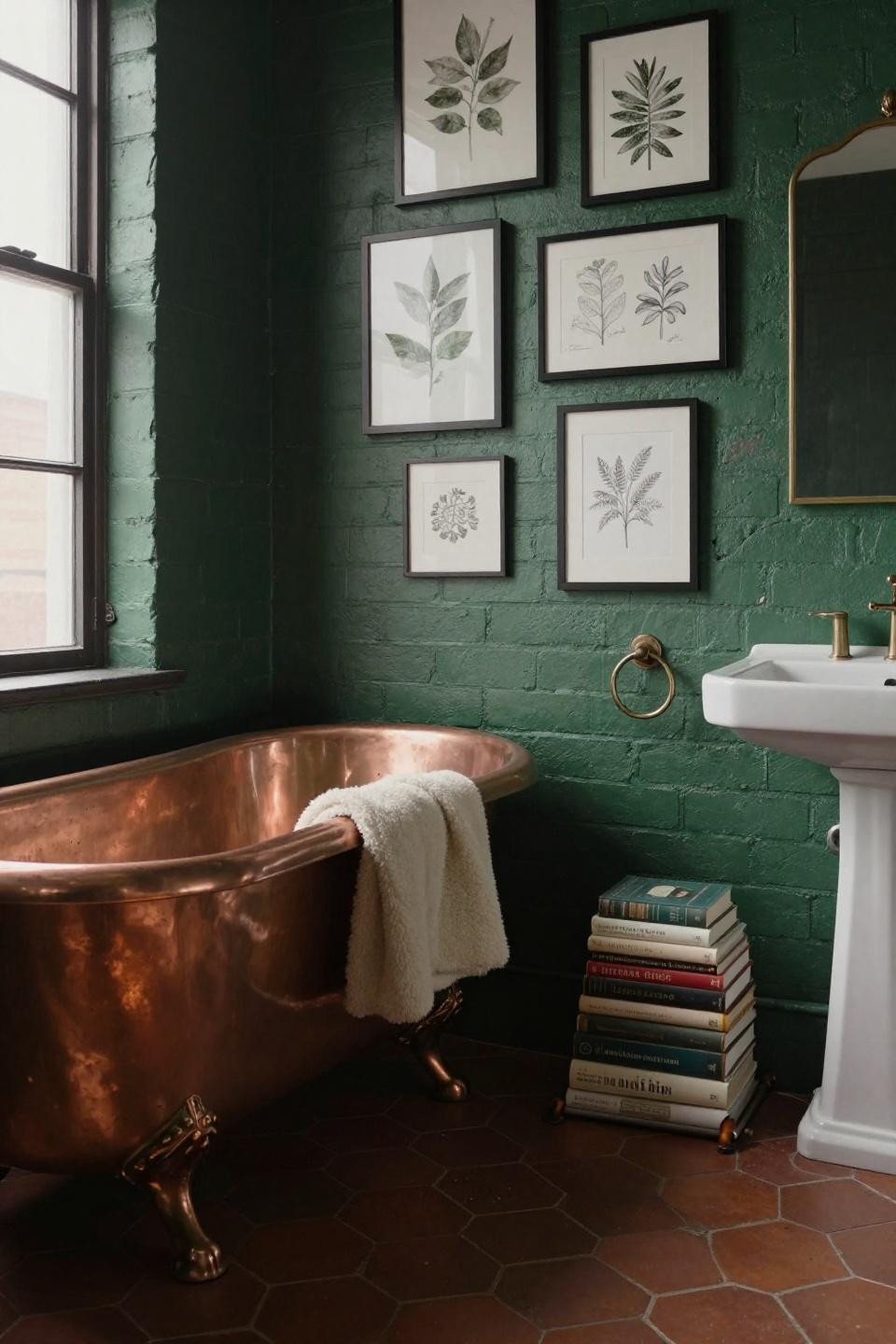 Fun bathroom ideas with forest green exposed brick and dense botanical print gallery wall