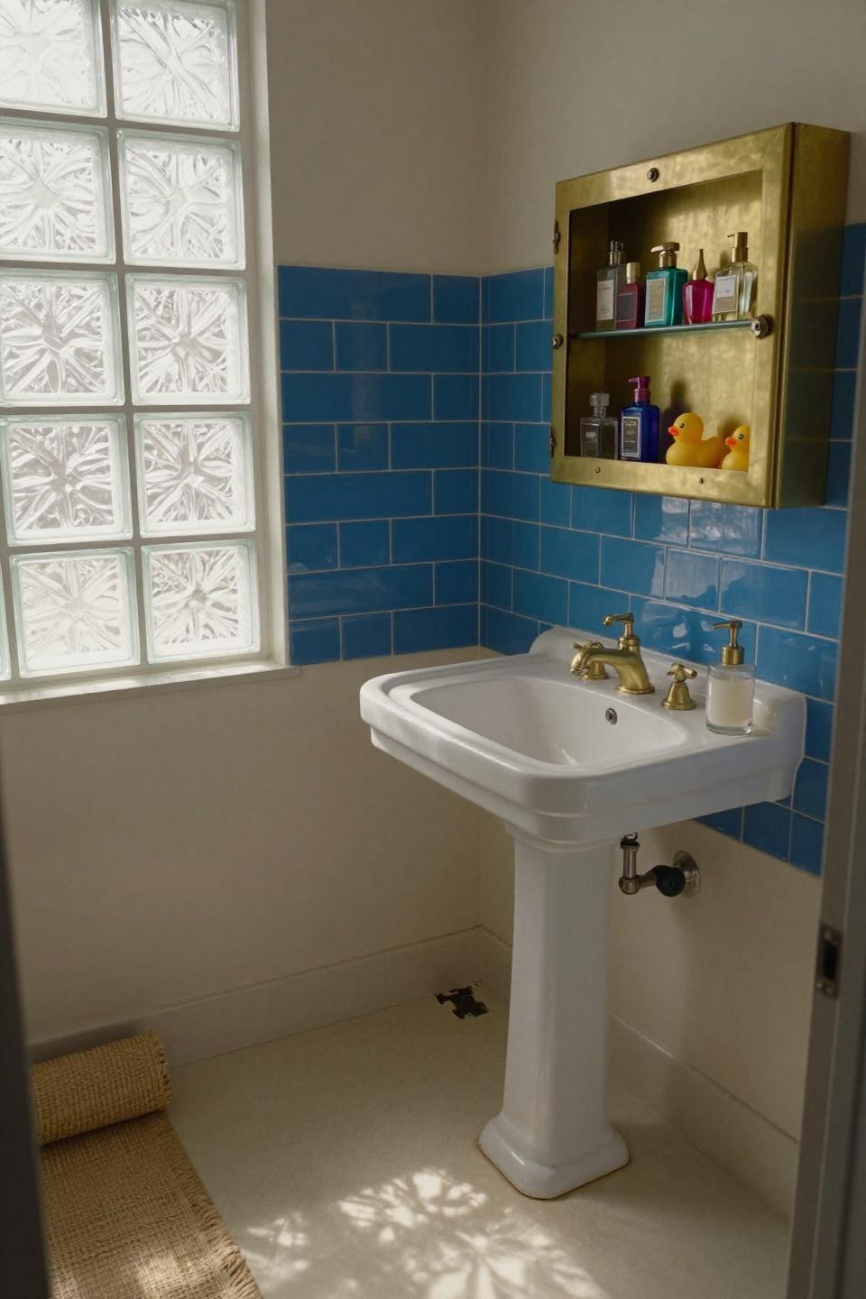 Bathroom inspo aesthetic with saturated cobalt blue subway tile and brass fixtures