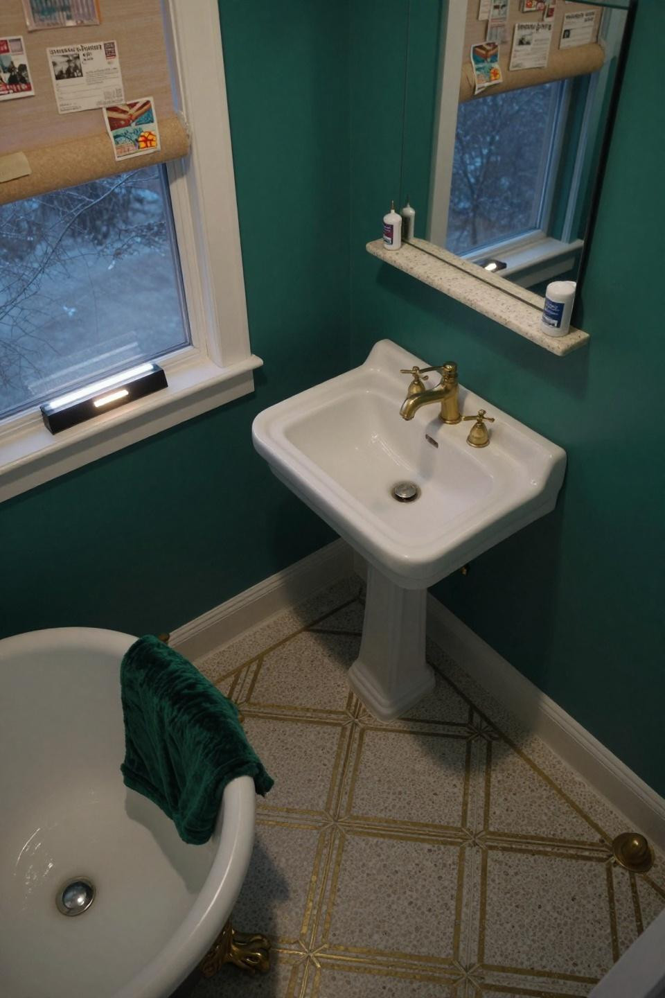 Small bathroom aesthetic featuring emerald limewash walls and terrazzo with brass geometric inlay