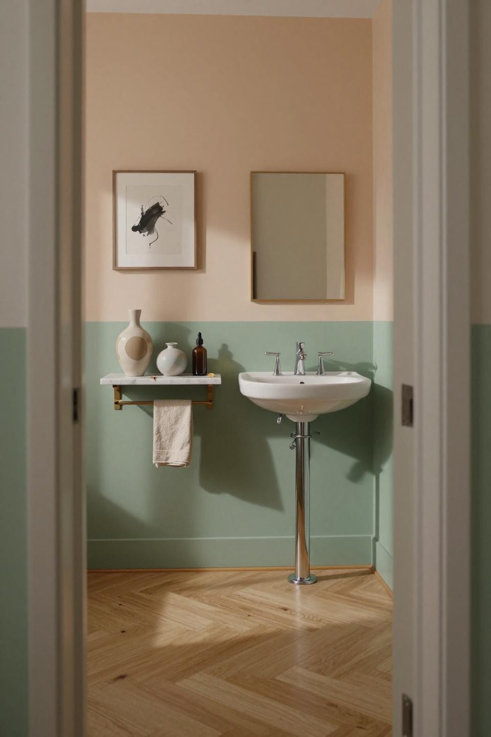 Cute bathroom ideas aesthetic with sage green and peachy-cream color blocking