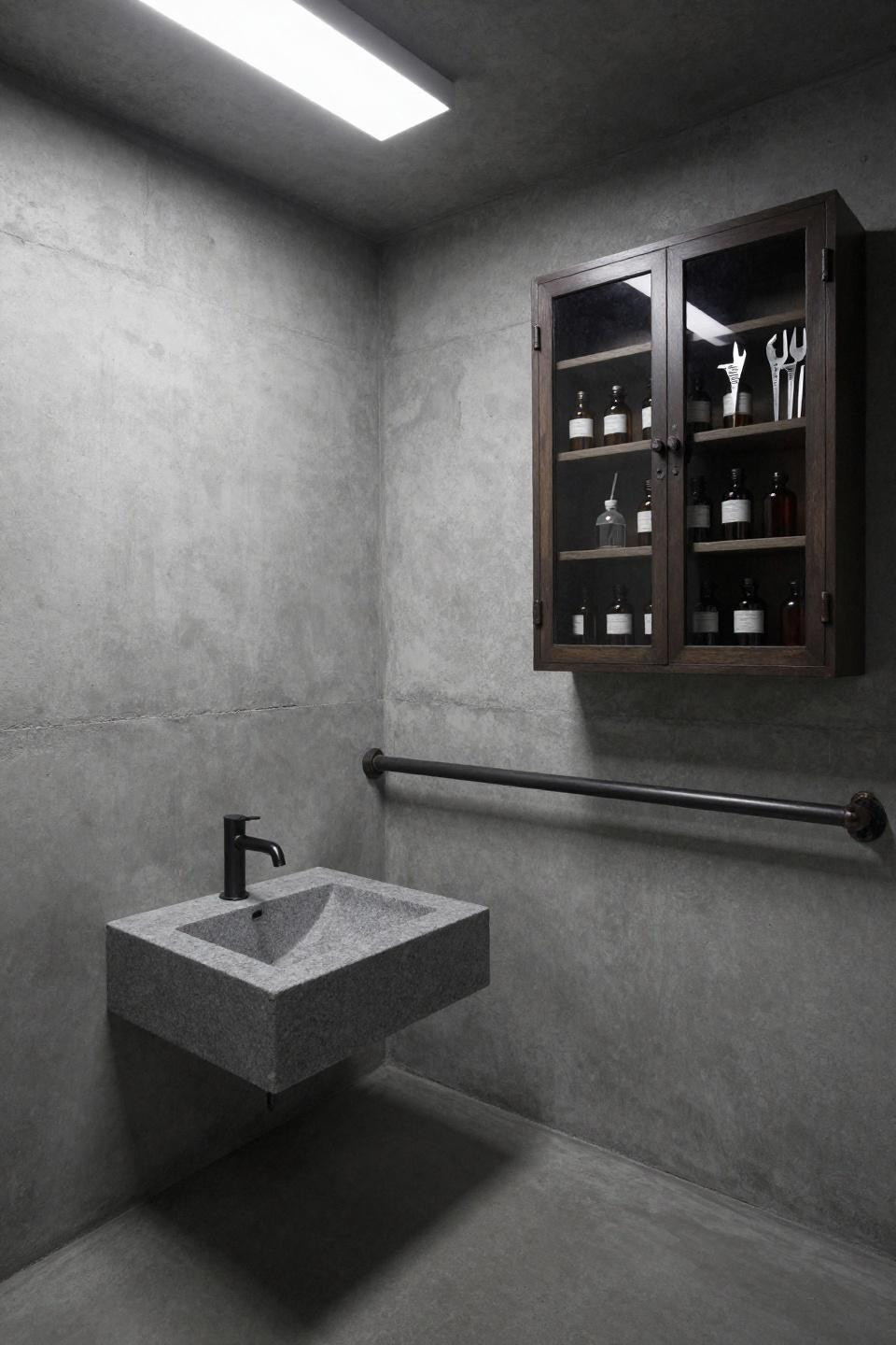Bathroom vibes with raw concrete, blackened steel pipe, and honed basalt sink