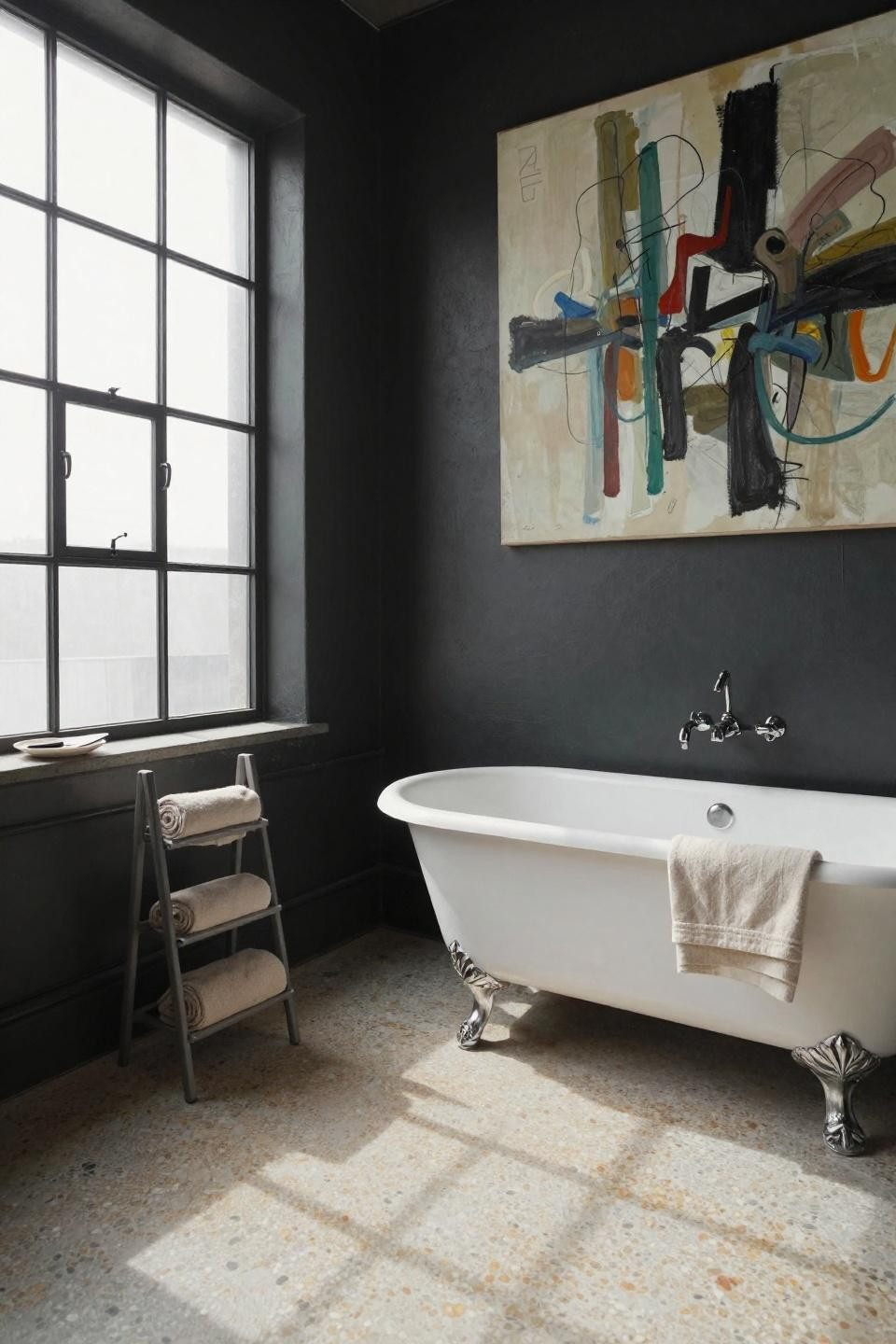 Artsy bathroom with deep charcoal walls and large abstract canvas above clawfoot tub