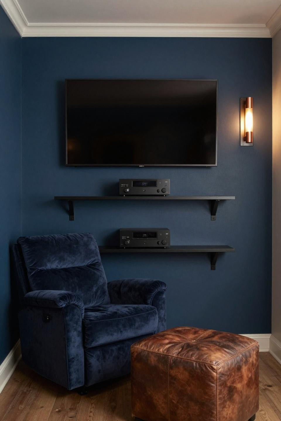 Home theater setup with 55-inch screen recessed into midnight blue paneling