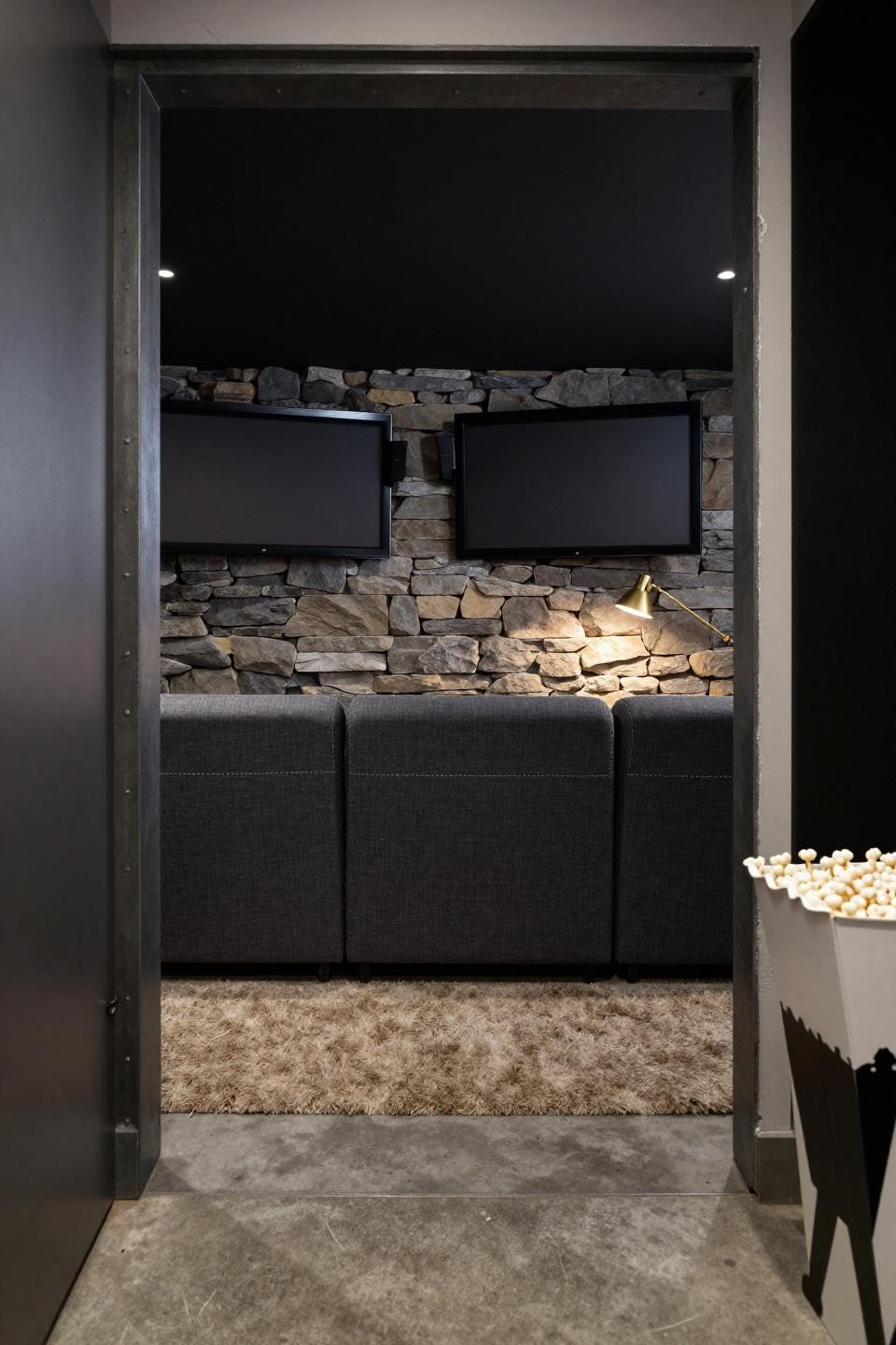 Home theater setup with asymmetrical dual 42-inch screens on industrial steel frame