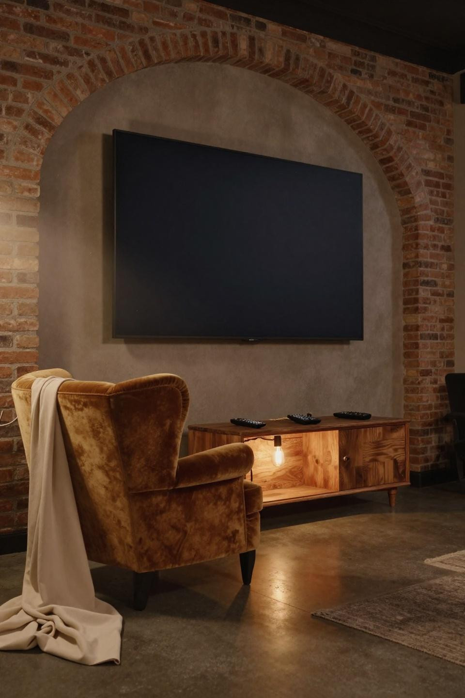 Home theater setup in loft with 65-inch screen framed by exposed brick archway