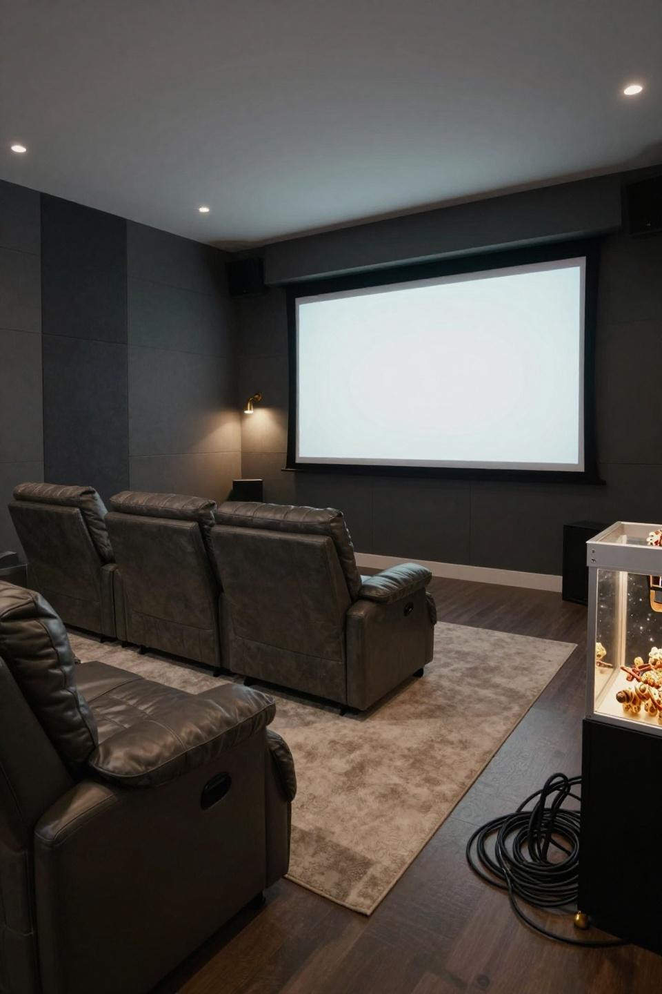 Home theater setup with 75-inch projection screen and three-tier riser seating