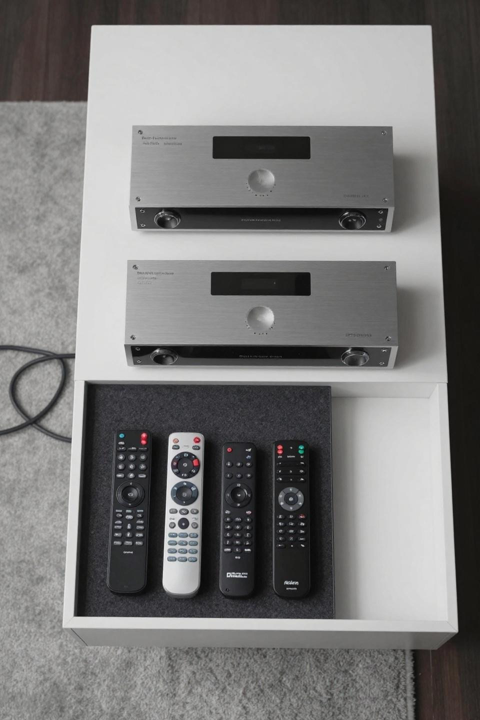 Home theater setup with white laminate floating console and dual receiver units