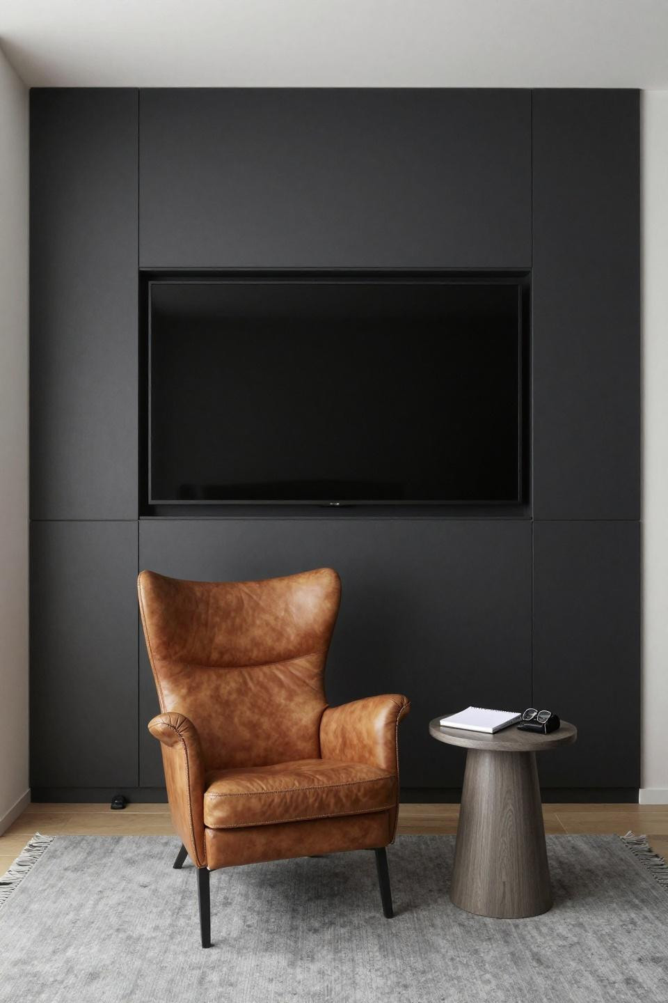 Small theatre room ideas with 70-inch OLED in custom charcoal veneer panel system