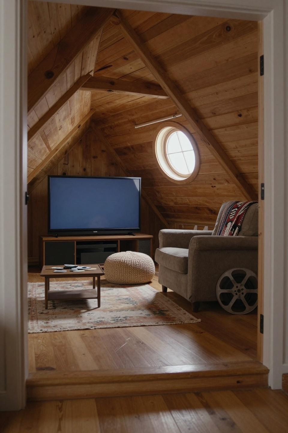 Mini cinema room in attic with 42-inch display on knotty pine following roof pitch