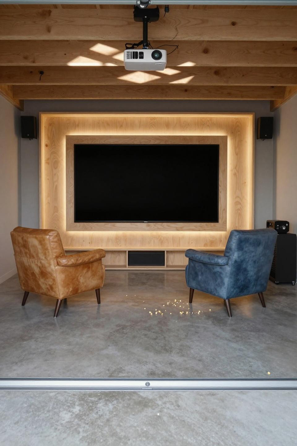 Basement movie room ideas with 60-inch display in custom blonde plywood LED frame