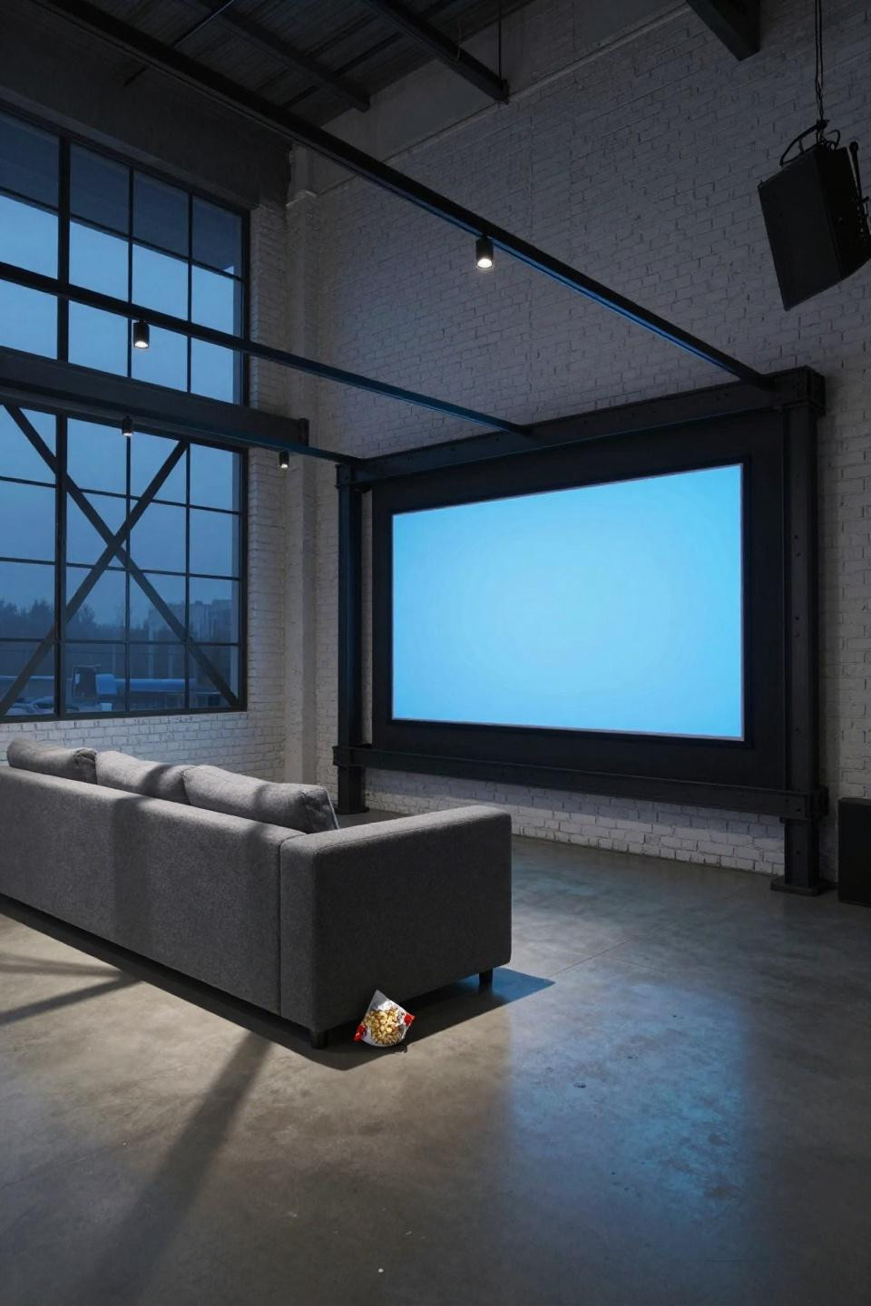 Small home theatre with 85-inch screen on blackened steel frame against white brick