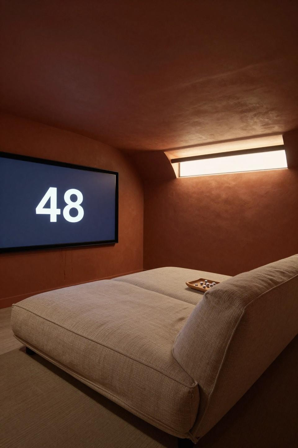 Movie room decor with 48-inch curved display on terracotta limewash wall in basement