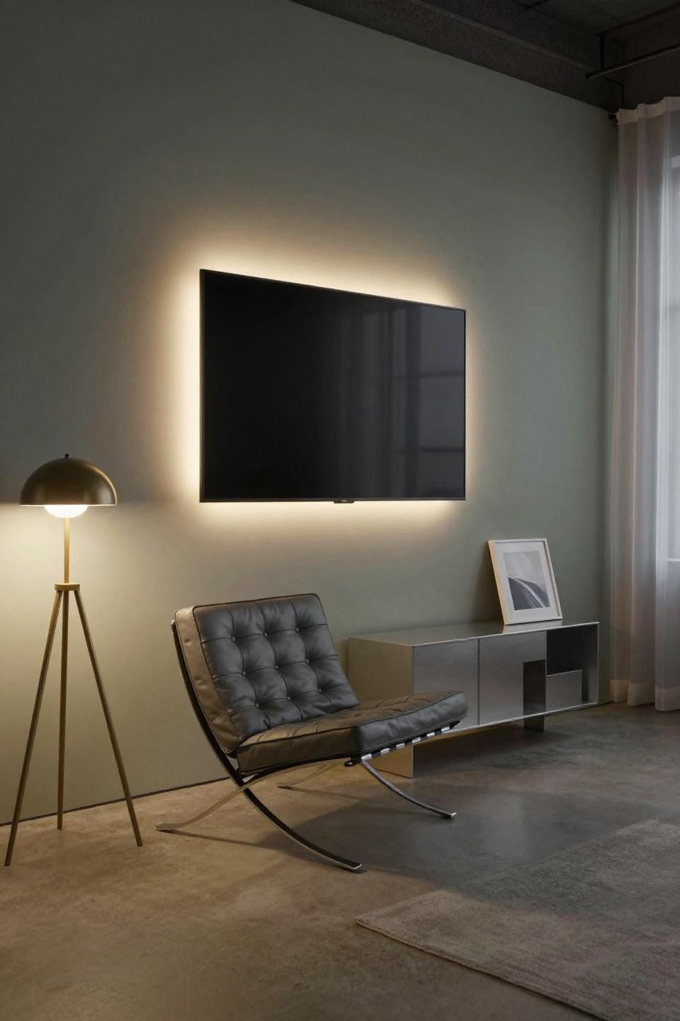 Movie room ideas small home theaters with 55-inch display and LED halo on limewash wall