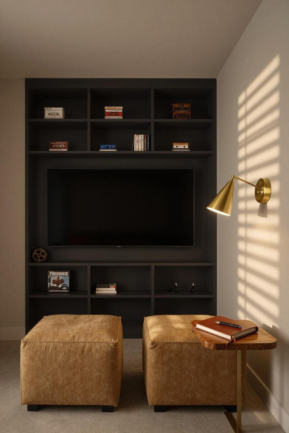 Mini theater room design with 48-inch curved display in matte charcoal built-in shelving