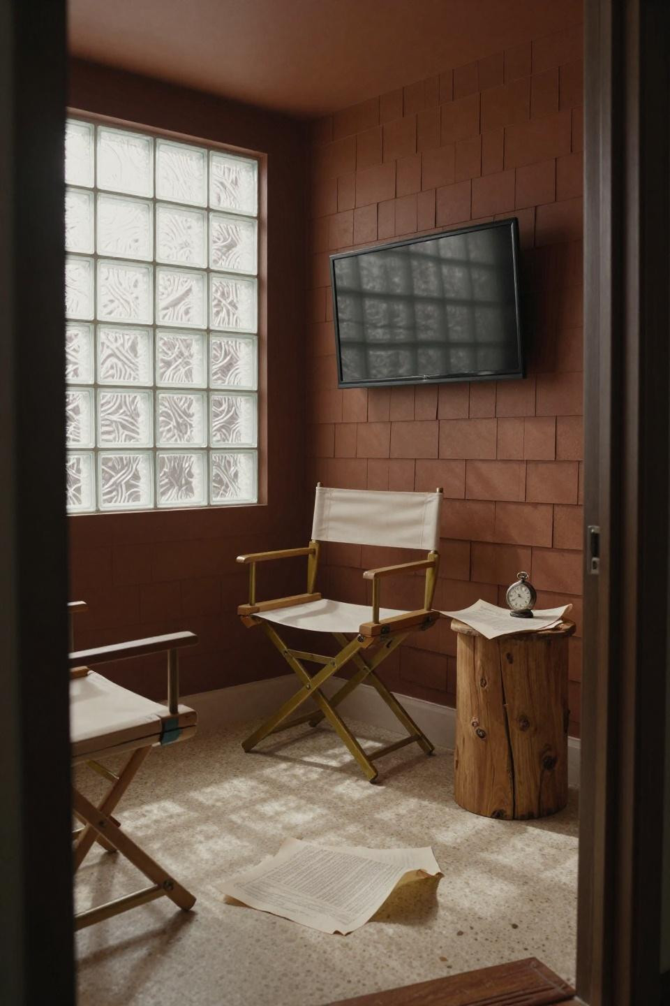 Small theatre room ideas with curved display in stairwell alcove featuring burnt sienna shiplap