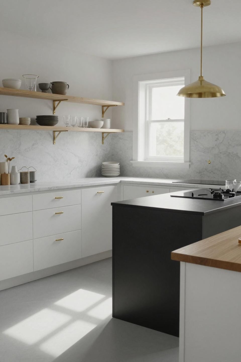 Cozy kitchen with Carrara marble and black metal island