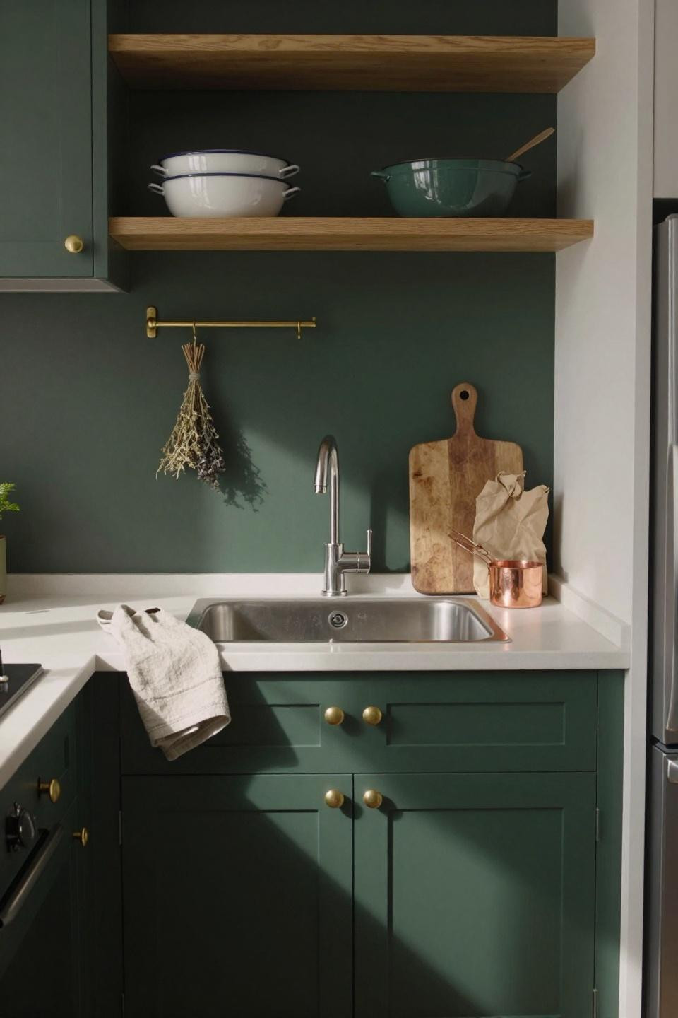 Open kitchen with forest green cabinets and geometric shadows
