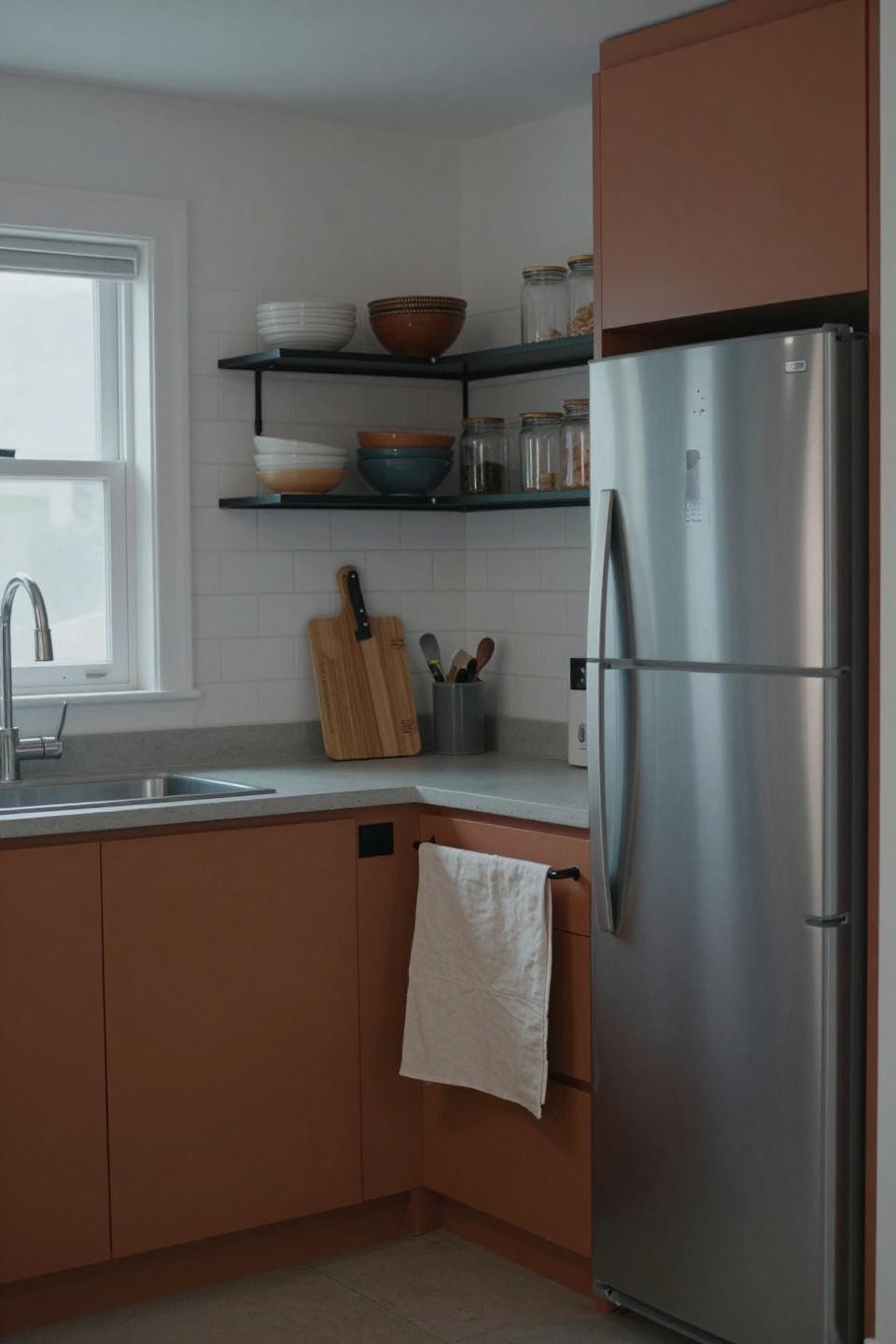 Small kitchen decor with terracotta cabinets and corner shelving