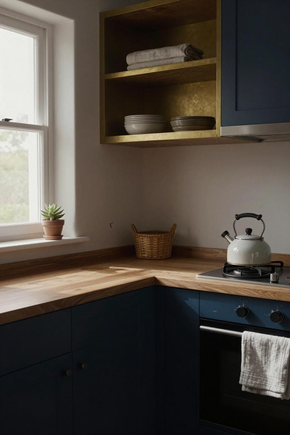 Kitchen aesthetic with deep navy cabinets and brass shelving