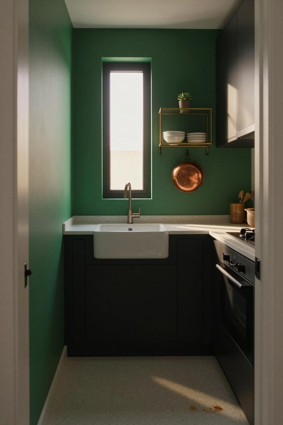 Small kitchen design ideas with emerald green walls and black cabinetry