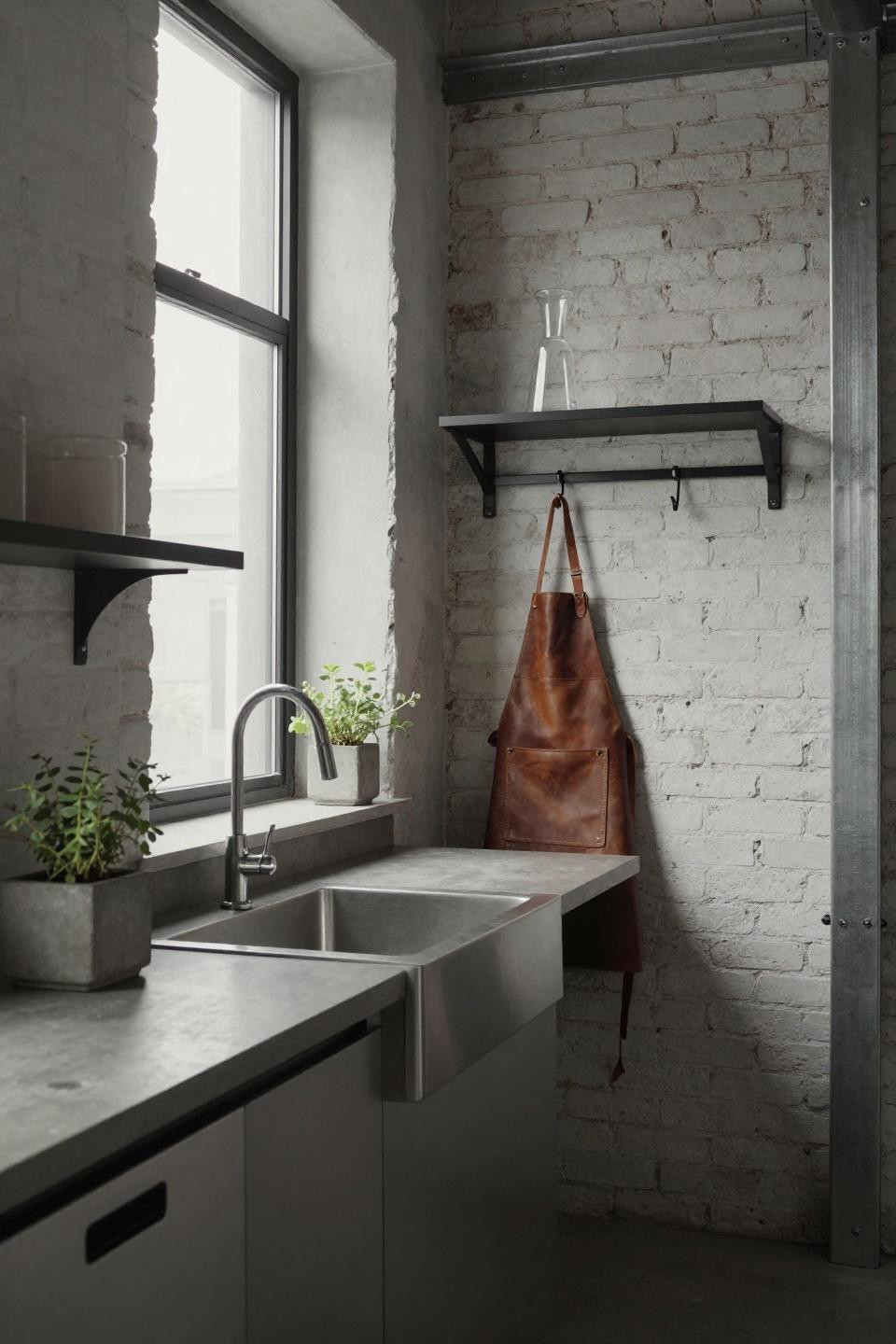 Tiny kitchen ideas with whitewashed brick and steel frame