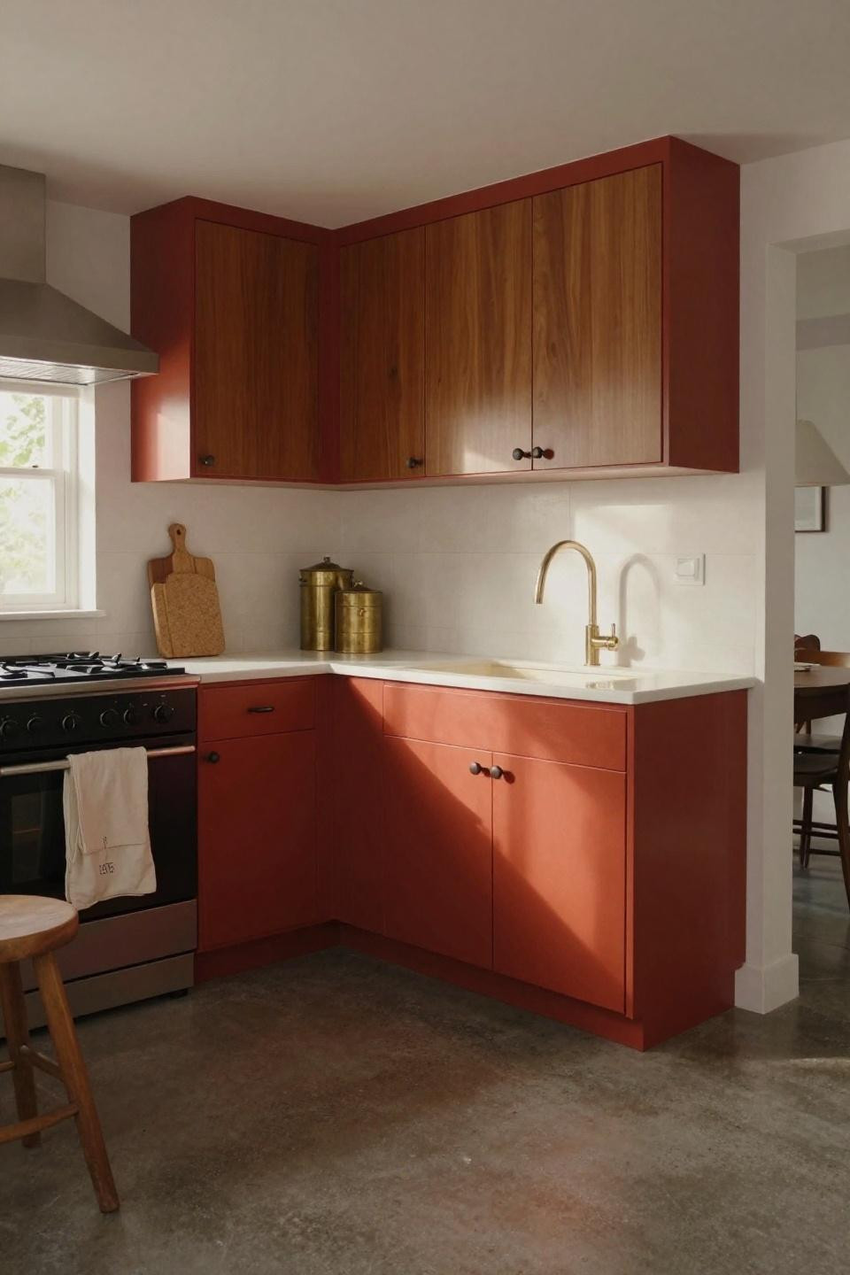 Simple kitchen with saturated terracotta cabinets and brass hardware