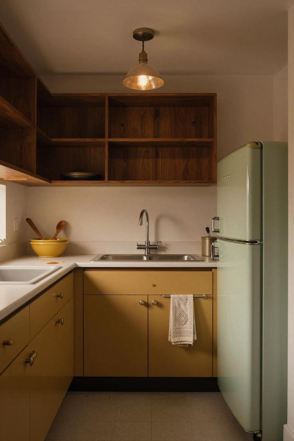 Kitchen ideas for small spaces with vintage harvest gold cabinets