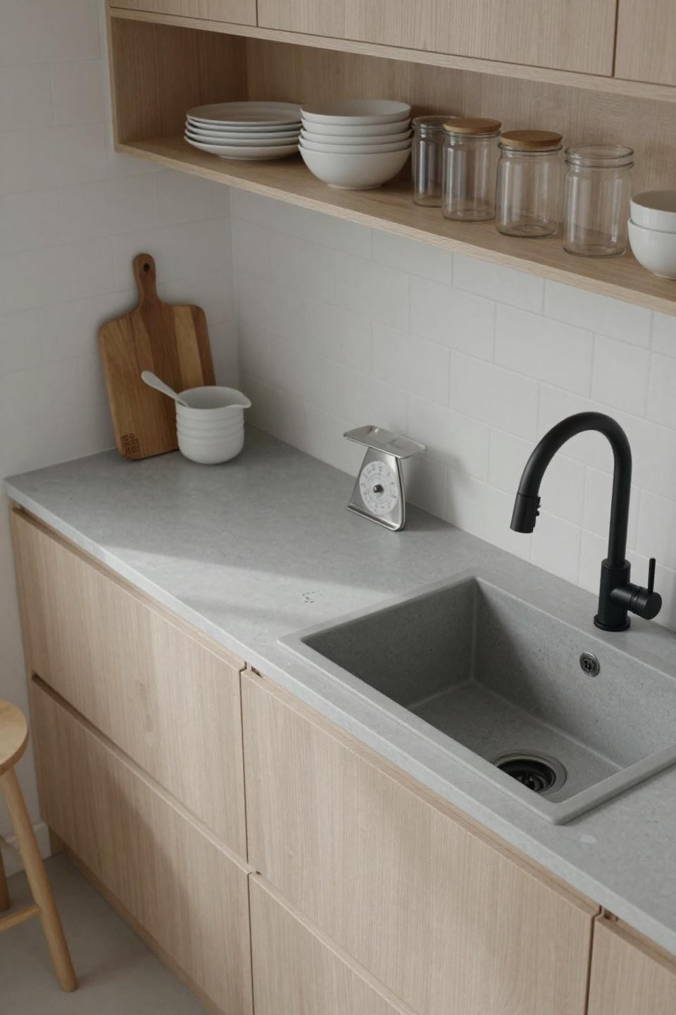 Small kitchen inspiration with pale birch cabinetry and minimal design