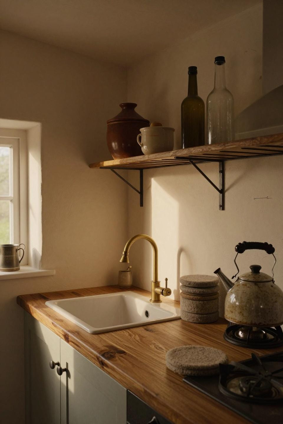 Very small kitchen ideas under sloped cottage ceiling with wire shelving