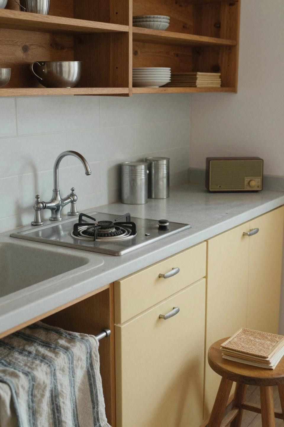 Small kitchen with buttercream yellow cabinets and open pine shelving