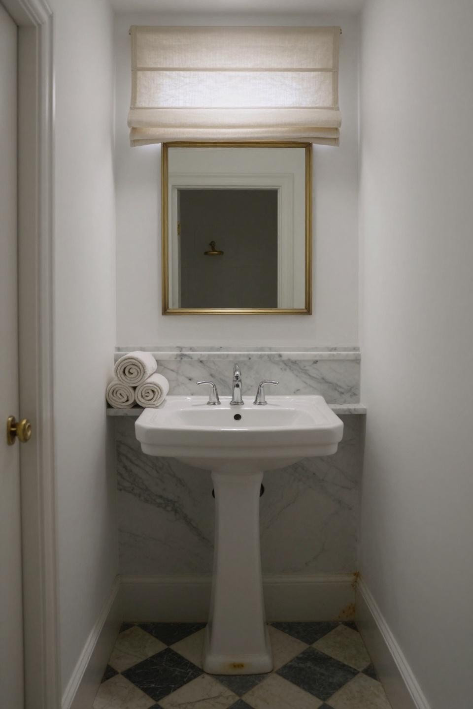 Small toilet room with calacatta marble and charcoal geometric floor tile