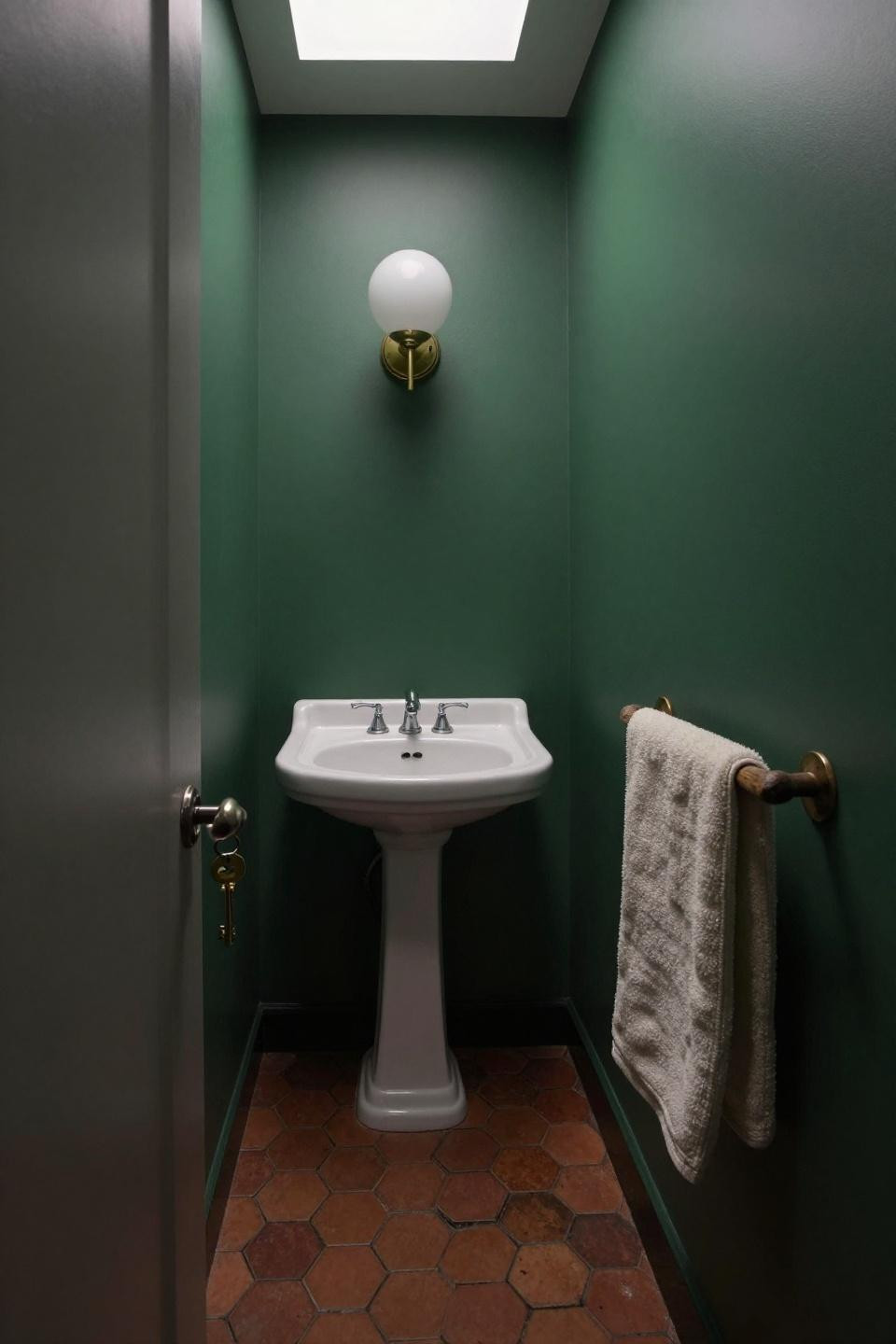 Narrow toilet room ideas with forest green walls and vintage brass lighting
