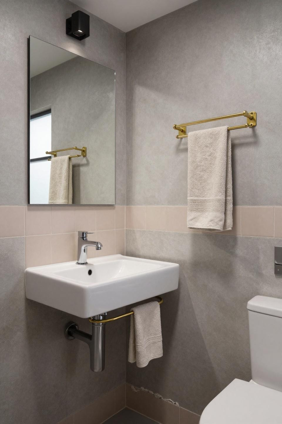 Tiny toilet ideas with concrete porcelain walls and pale blush tile stripe
