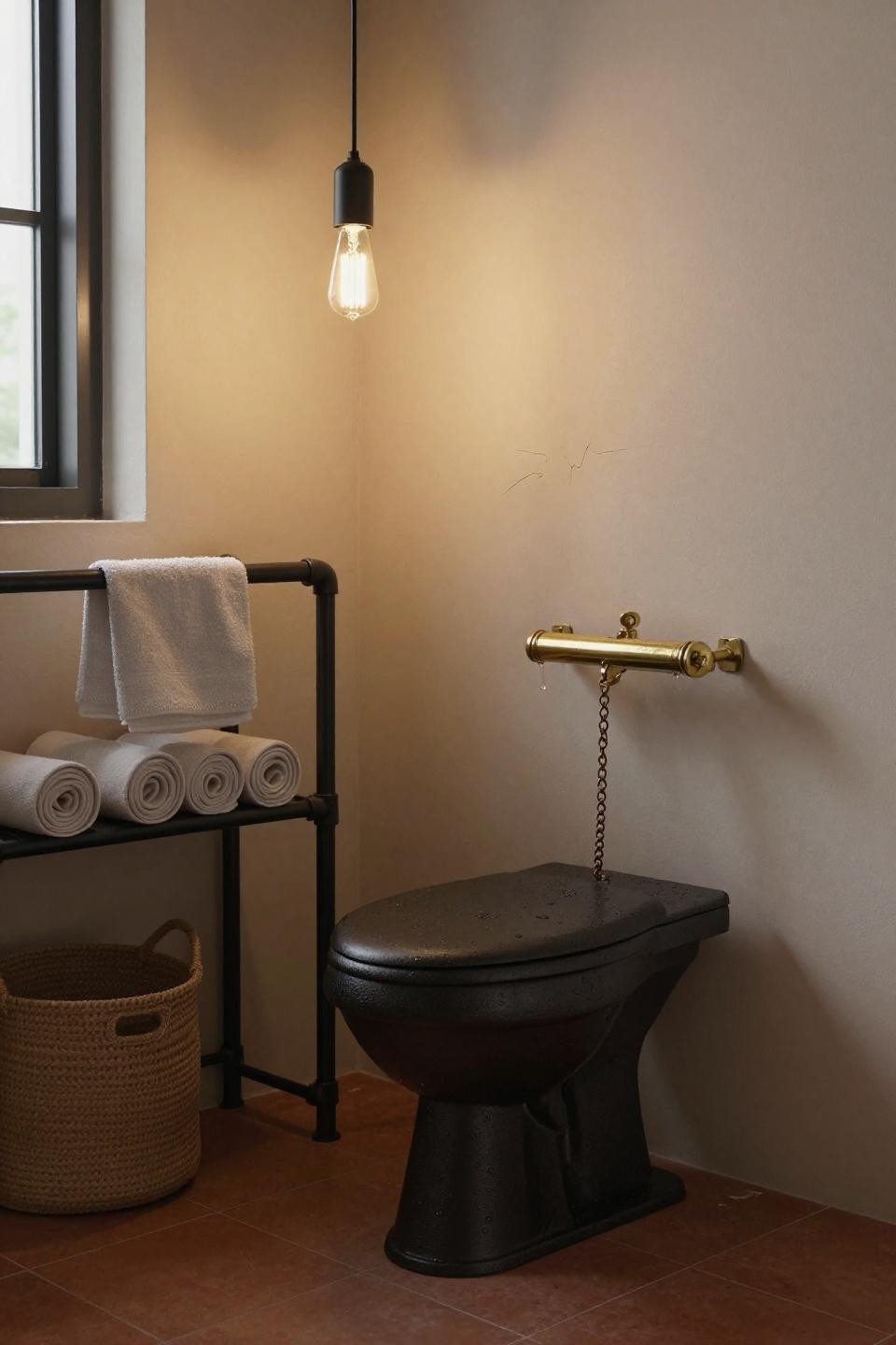 Toilet room design with vintage cast-iron high-tank toilet and ochre walls